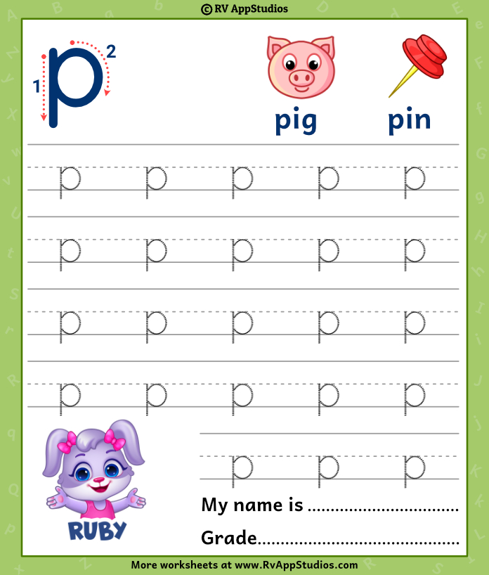 Lowercase Letter p Tracing Worksheets | Trace Small Letter p Worksheet