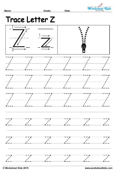 Letter Z alphabet tracing worksheets - Free printable PDF