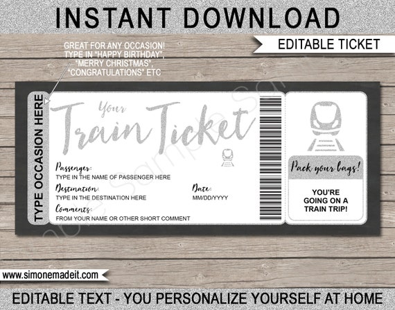 Printable Train Ticket Template Fake Boarding Pass Gift - Surprise Train  Trip Reveal - Any Destination - Silver Coupon - INSTANT DOWNLOAD