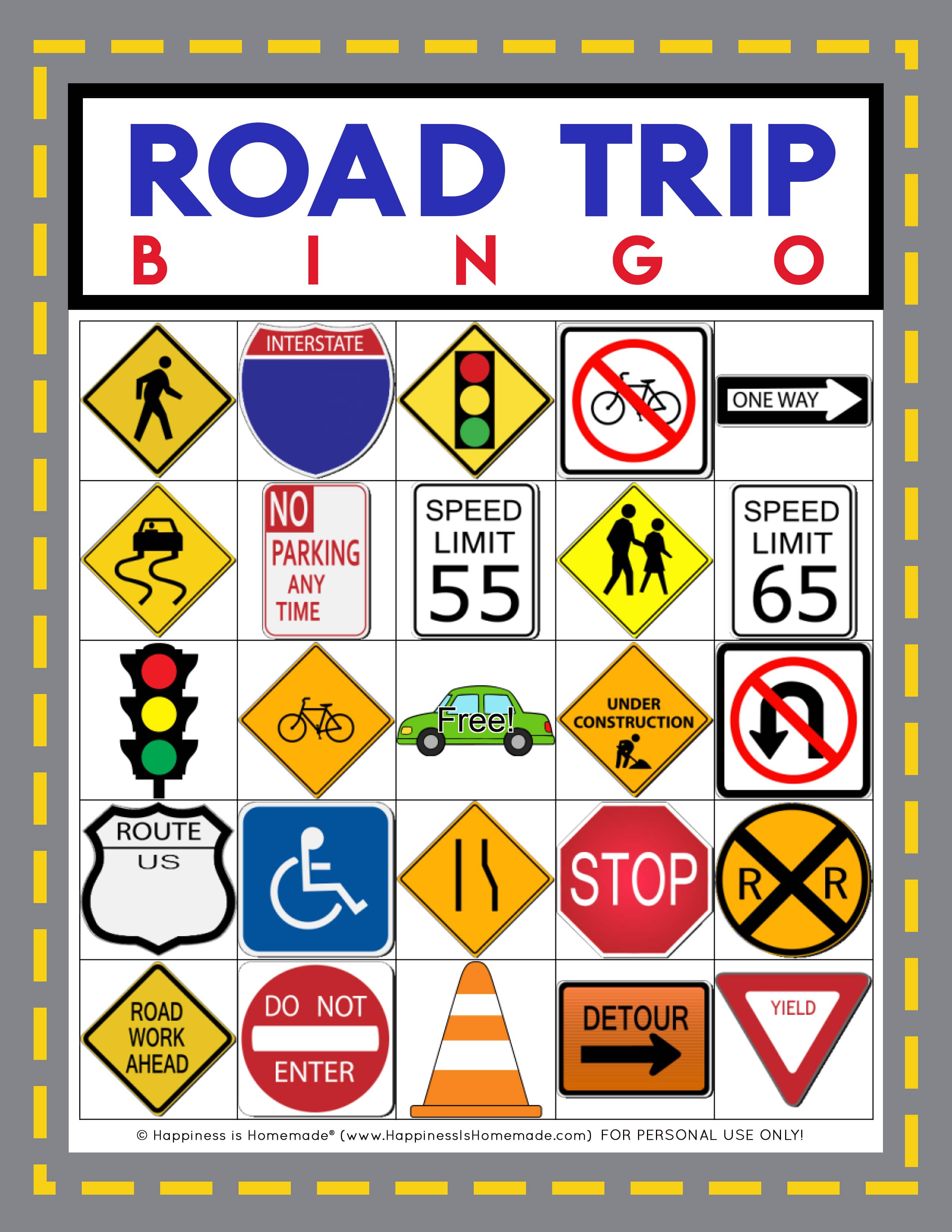 Road Trip Bingo Game - Free Printable - Happiness is Homemade
