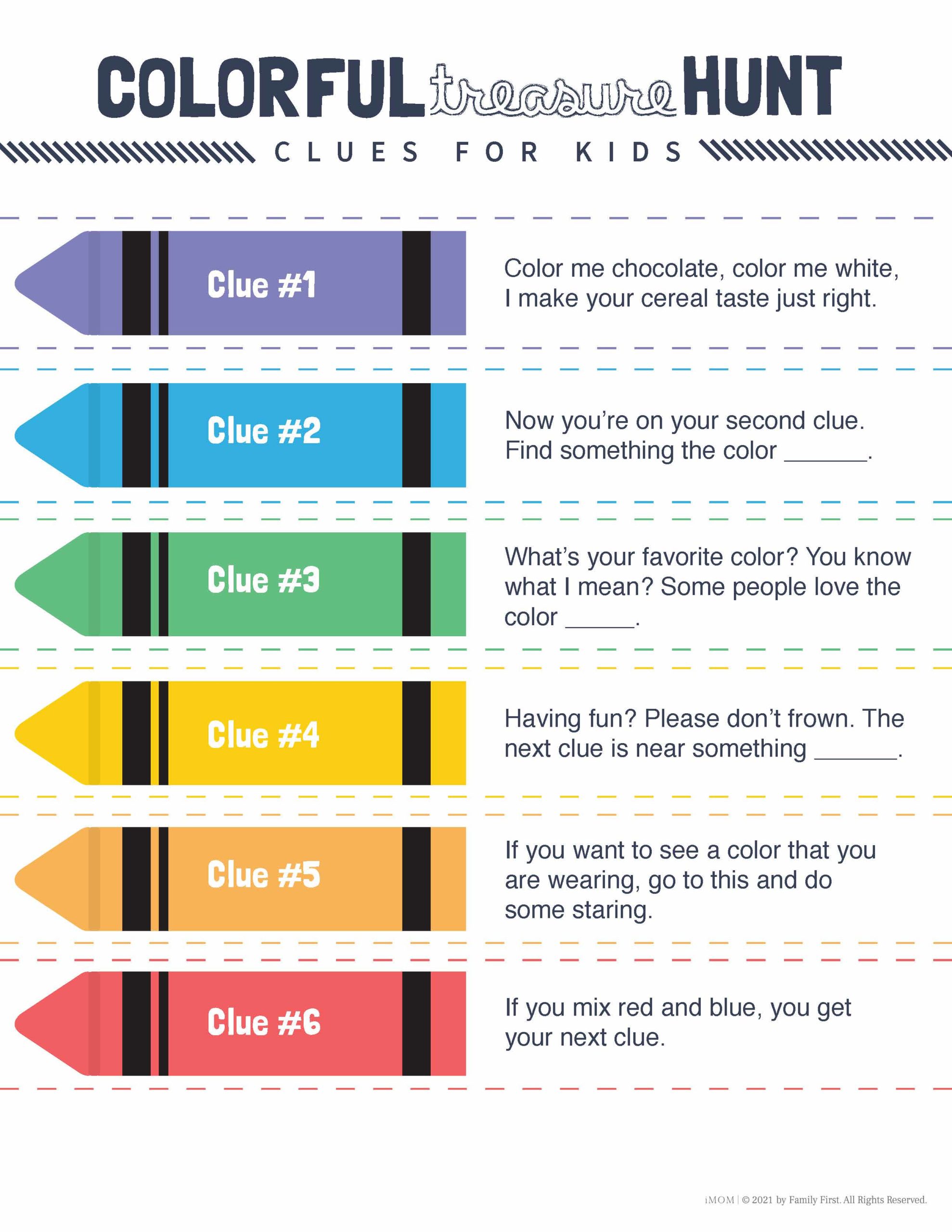 Colorful Treasure Hunt Clues for Kids! - iMOM