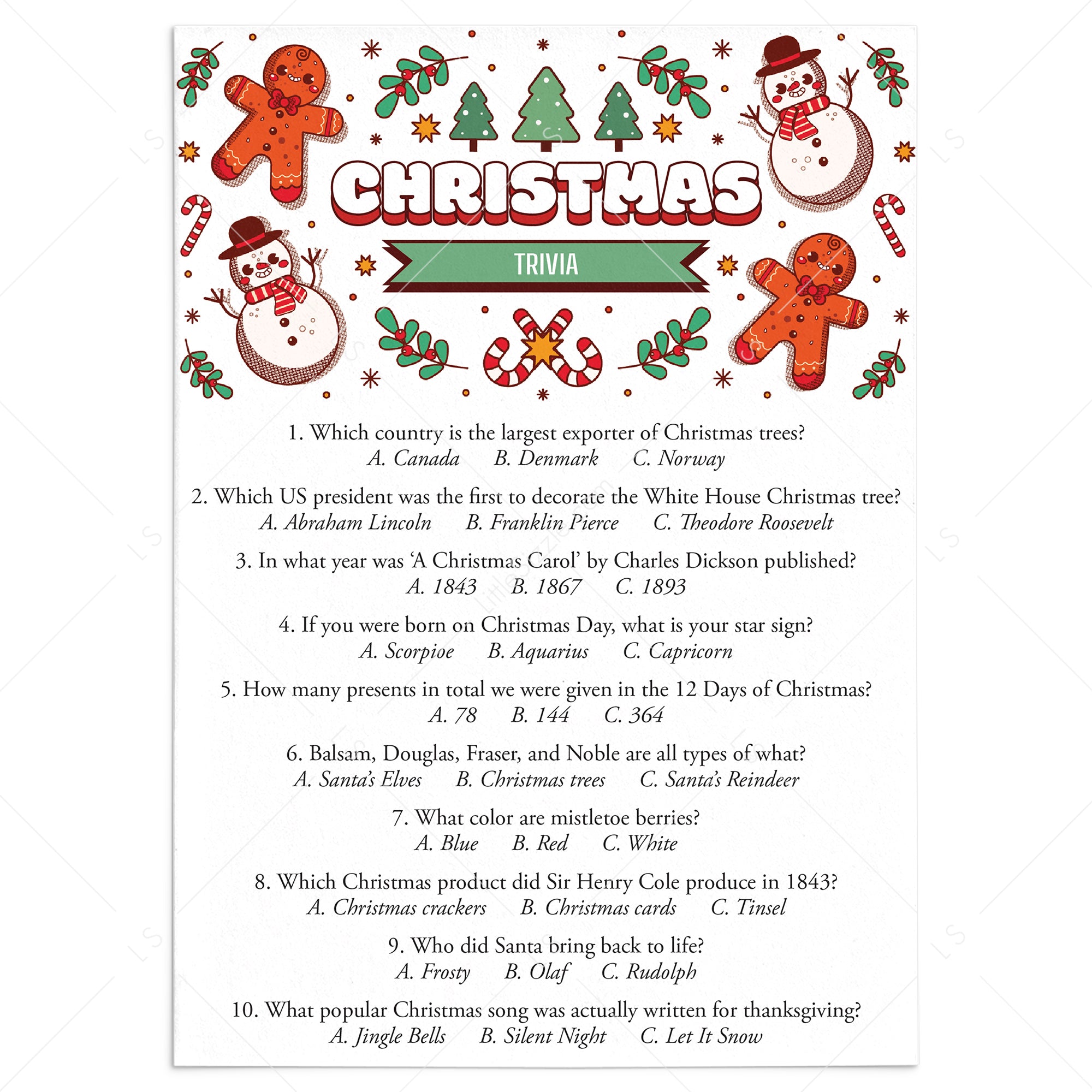 Christmas Trivia Quiz with Answers Printable | Christmas Party Games