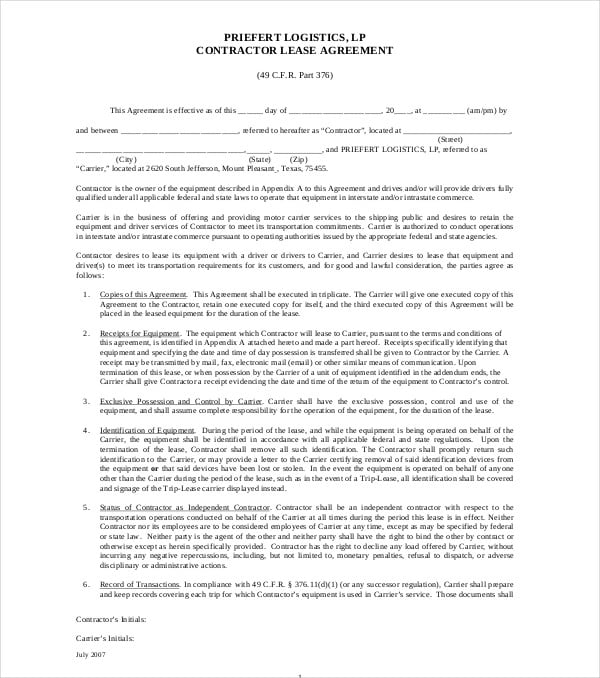 printable truck lease agreement