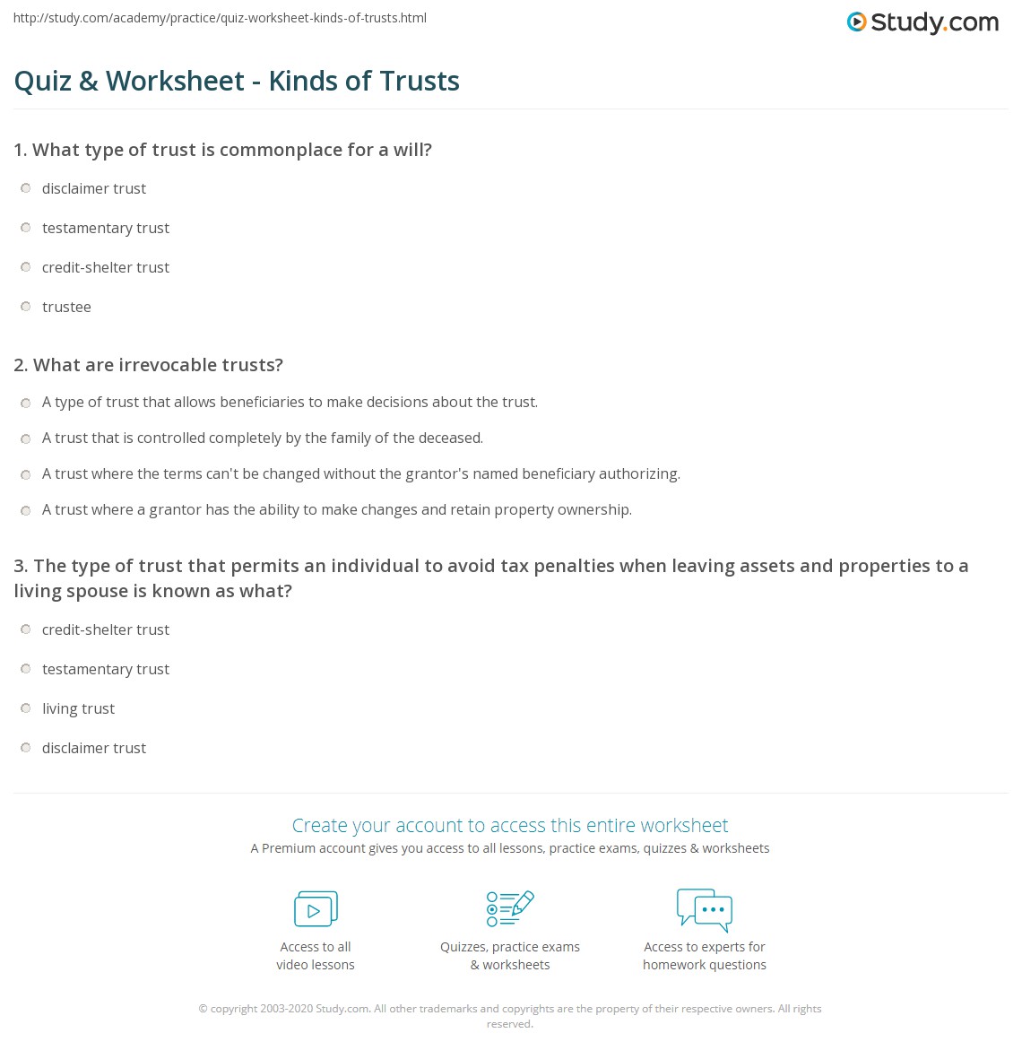 Quiz &  Worksheet - Kinds of Trusts | Study.com