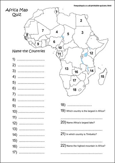 Africa Map Quiz - printable African map quiz