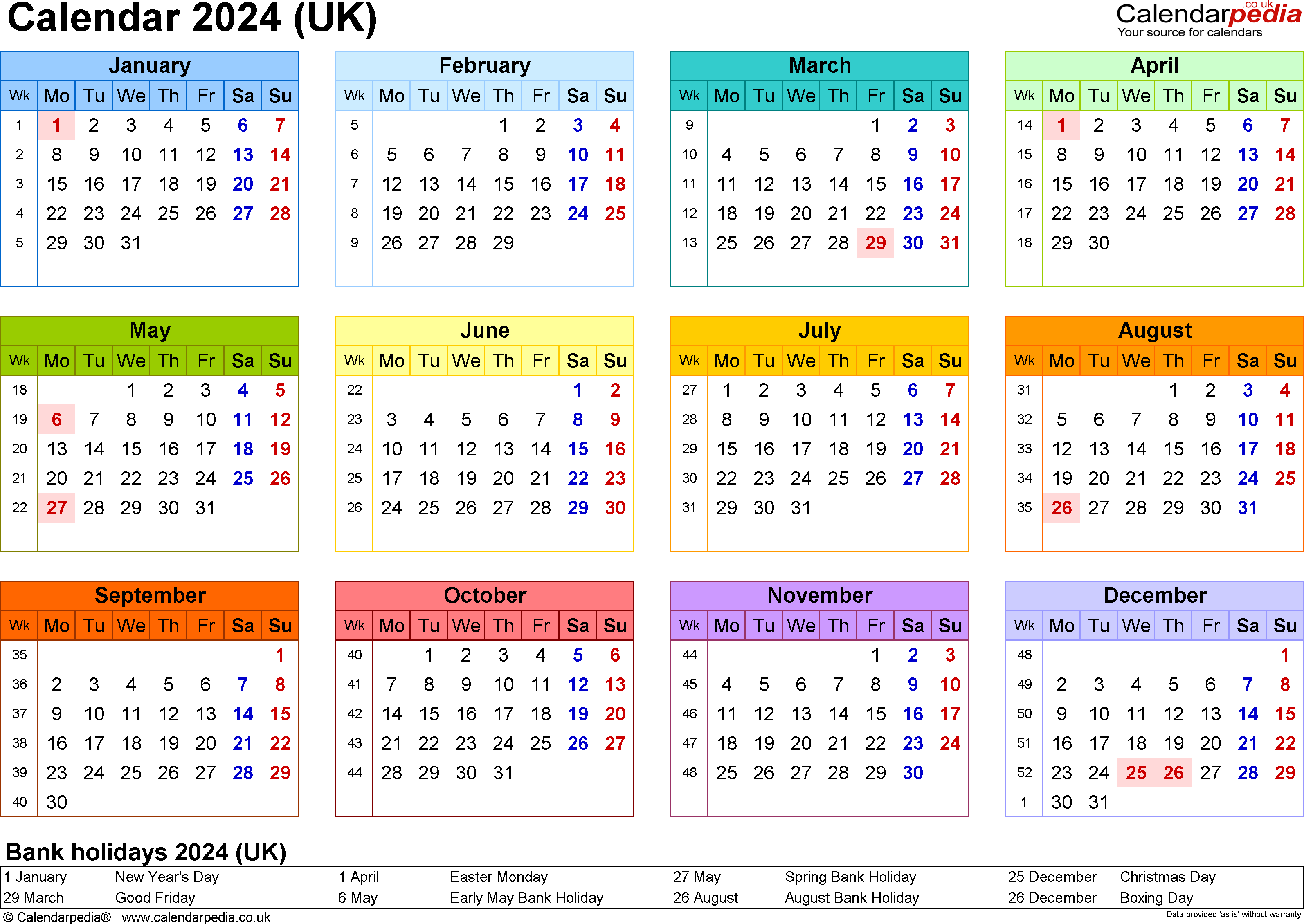 Calendar 2024 (UK) - free printable PDF templates