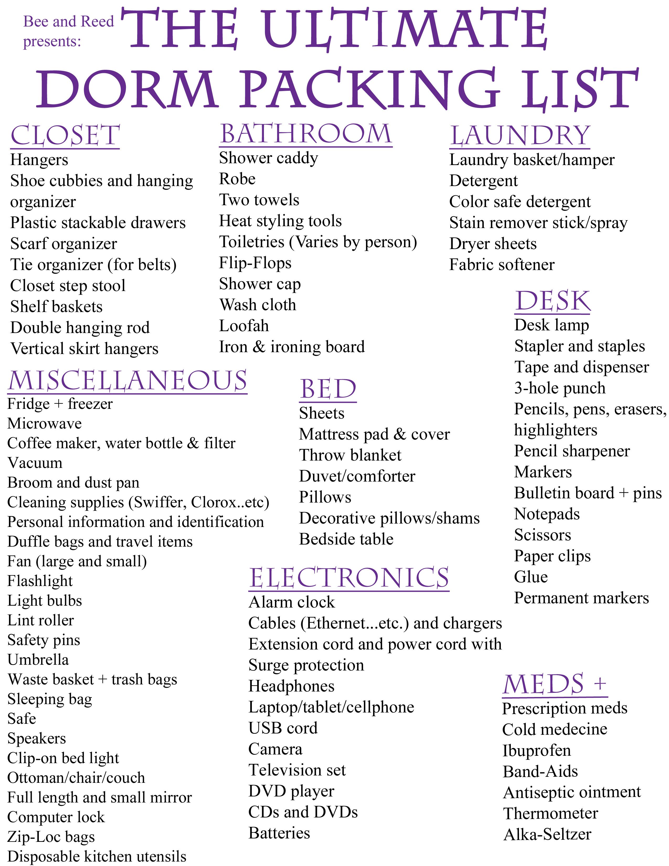 printable ultimate college packing list