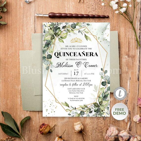 Greenery Quinceanera Invitations Template, Green and Gold Sweet 15 ...