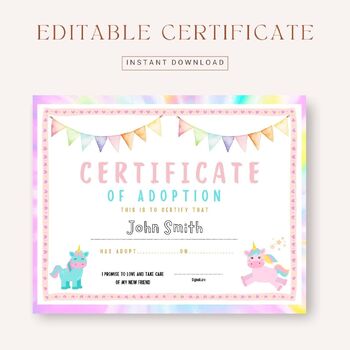printable unicorn adoption certificate