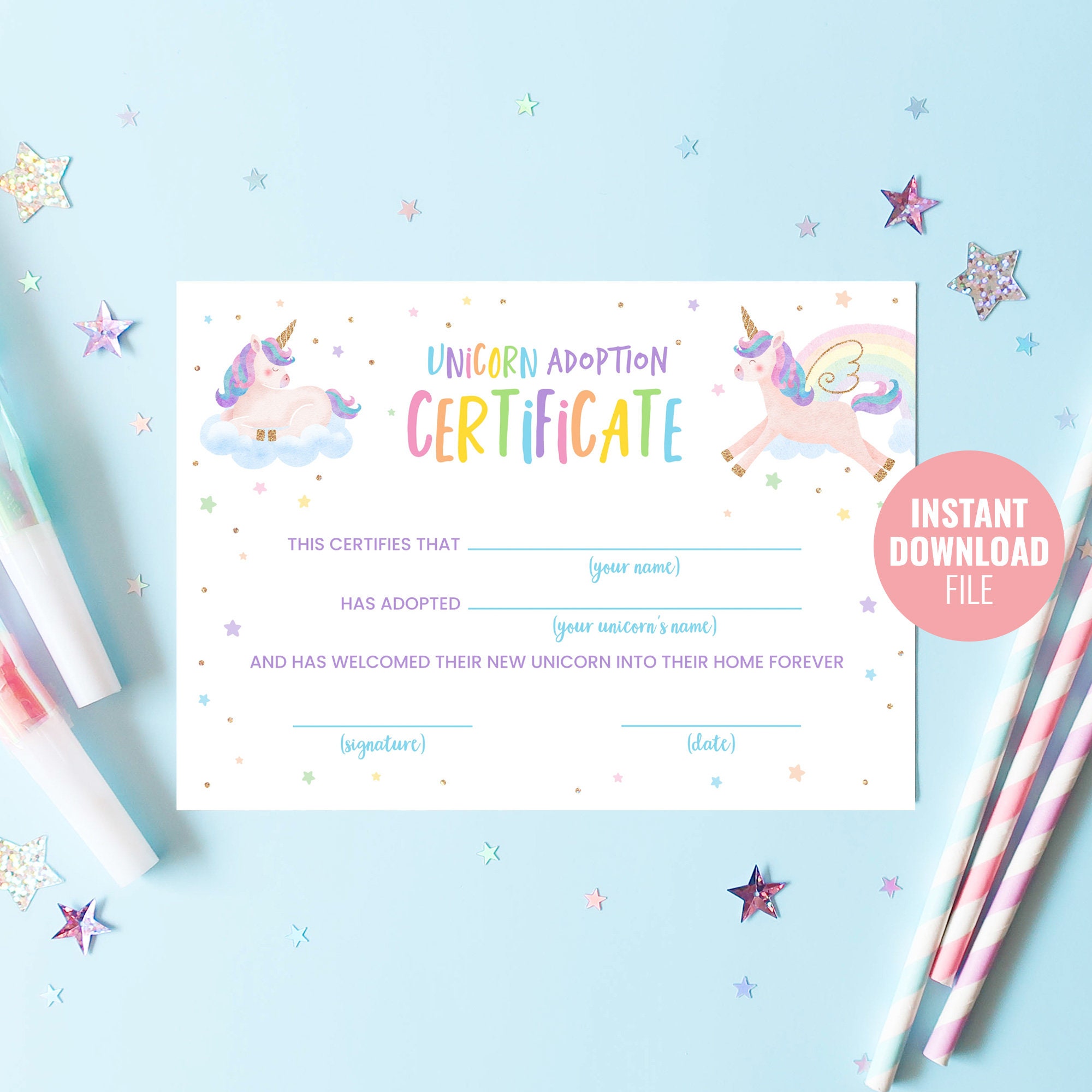 Printable Unicorn Adoption Certificate Instant Download, Magical ...