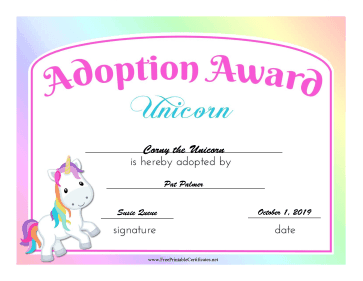 Adoption Award Unicorn Printable Certificate
