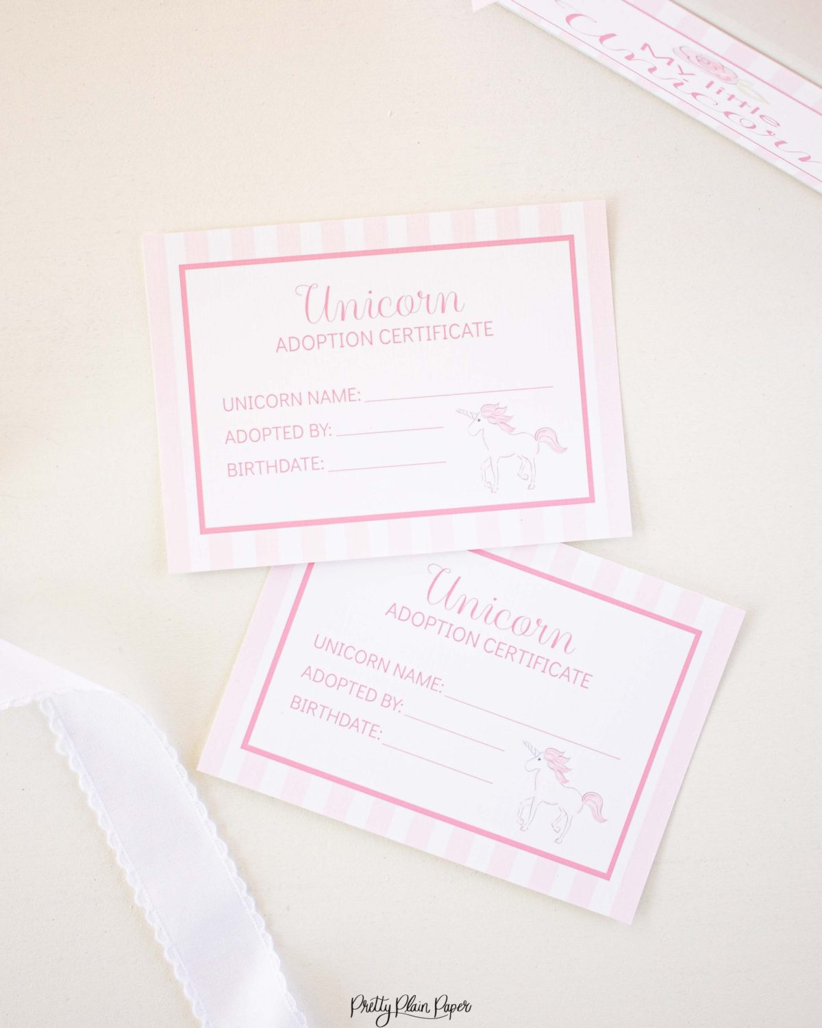 Adopt a Unicorn Certificates - Pretty Plain Paper