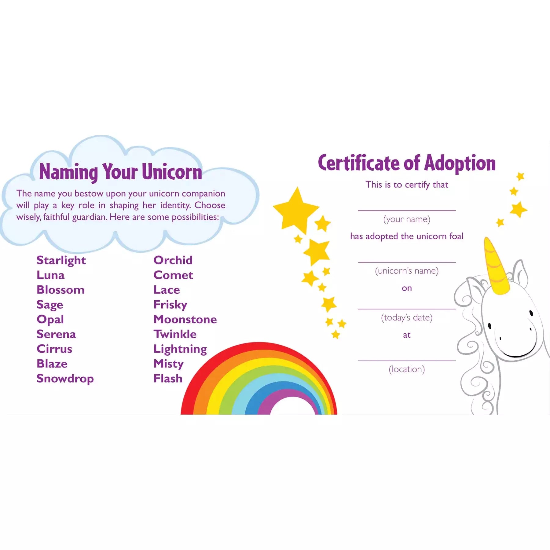printable unicorn adoption certificate