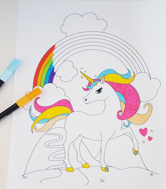 Printable Unicorn and Rainbow Coloring Page Fantasy Digital ...