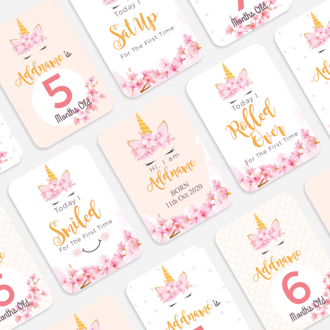 Sweet Rose Garland Unicorn Face Personalised Baby Milestone Cards ...