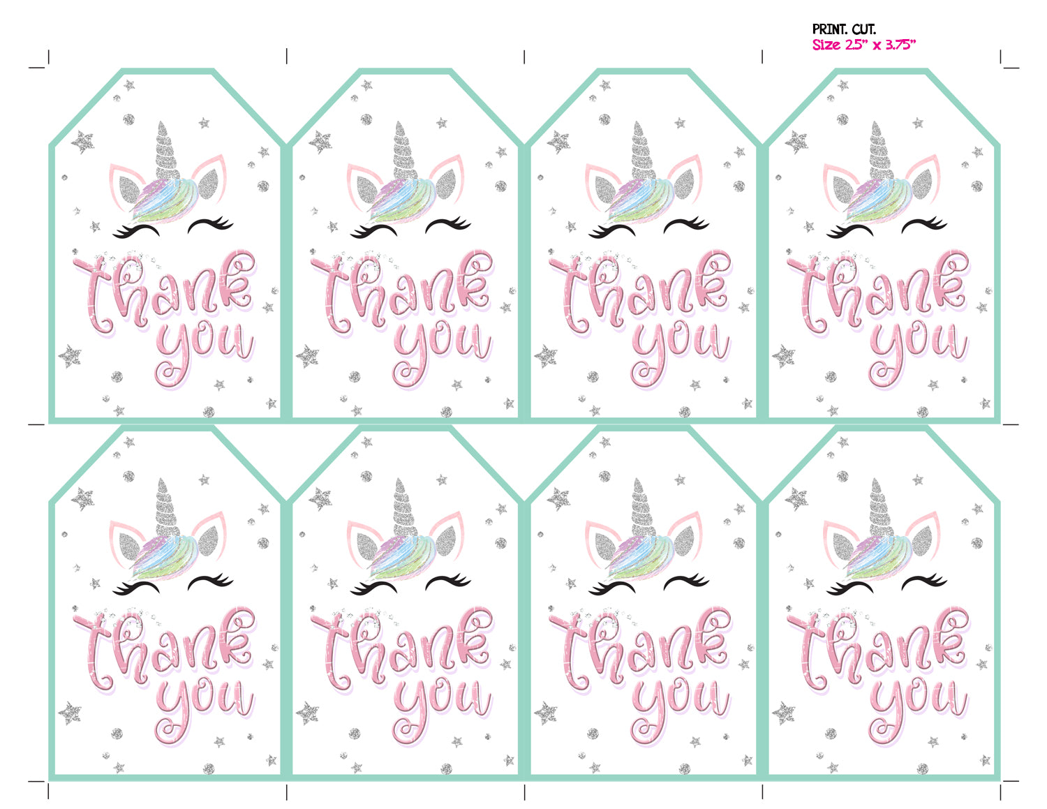 Unicorn Thank You Favor Tags - Silver Glitter Printable Tags - Rainbow  Birthday Party Favor Tag - INSTANT DOWNLOAD
