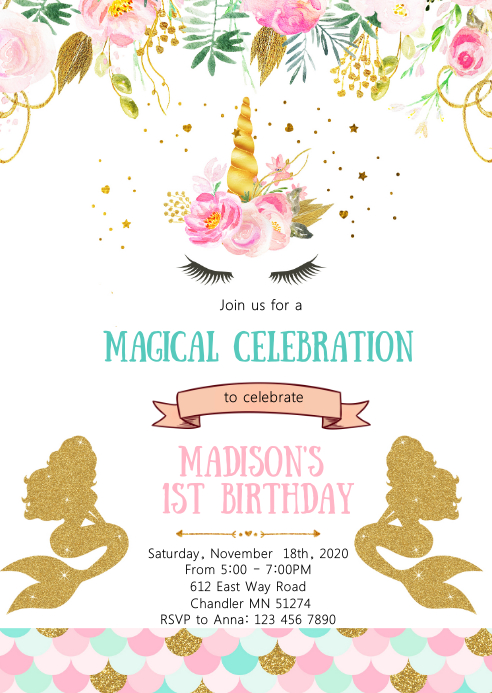 Unicorn mermaid birthday party invitation Template | PosterMyWall