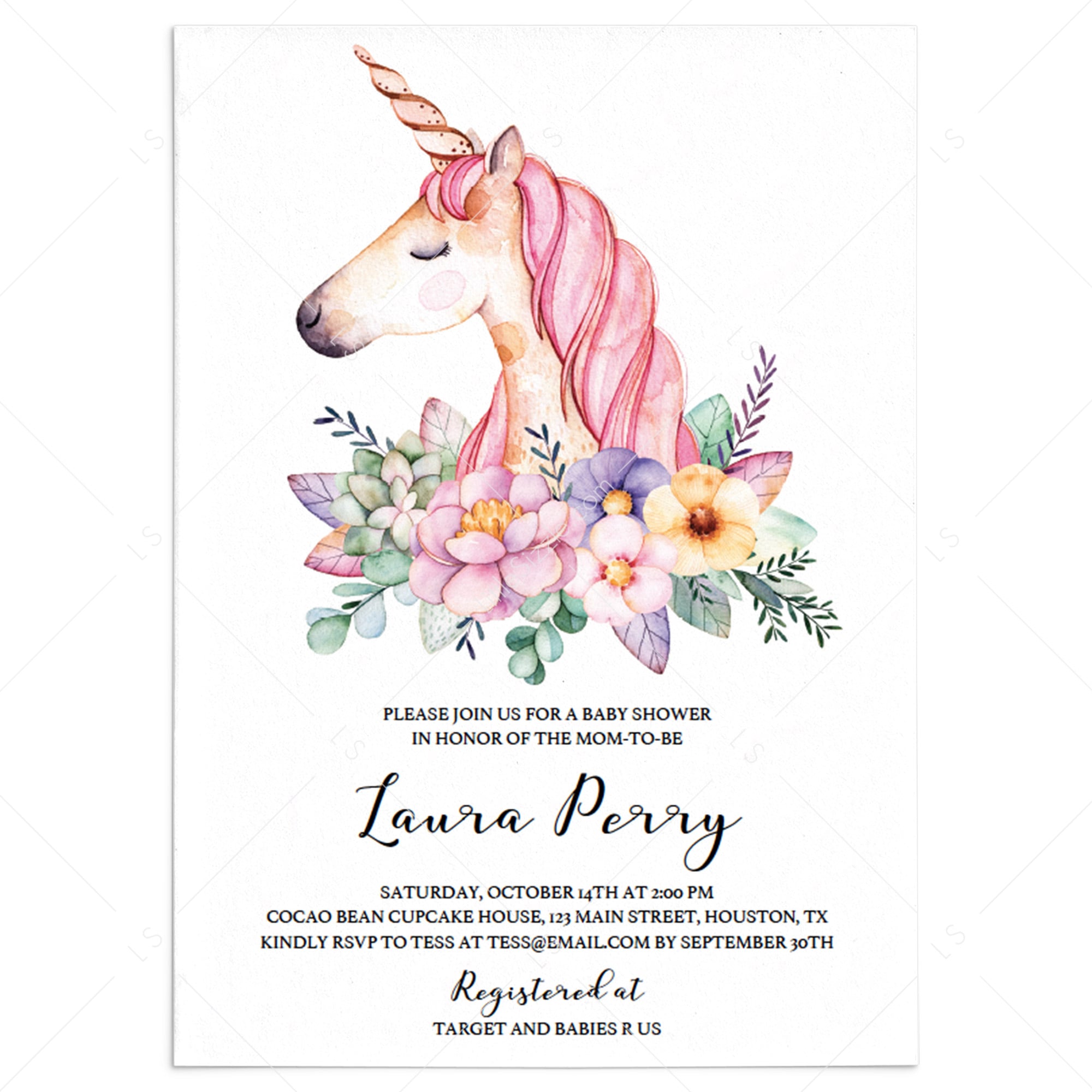 Floral Unicorn Baby Shower Invitation Template | Instant download ...