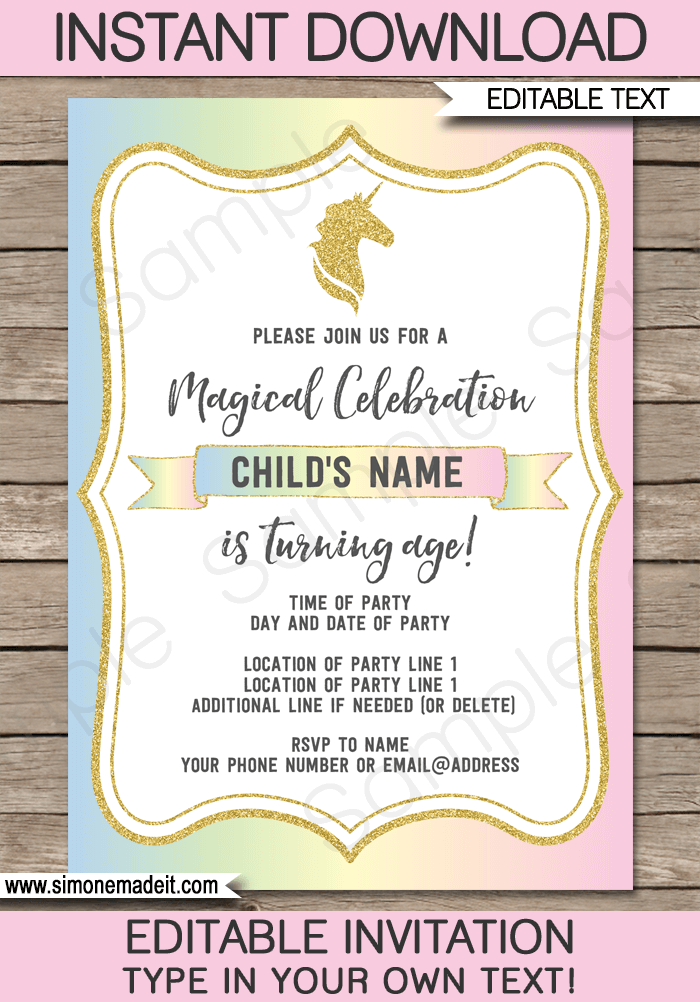 Unicorn Party Invitations template