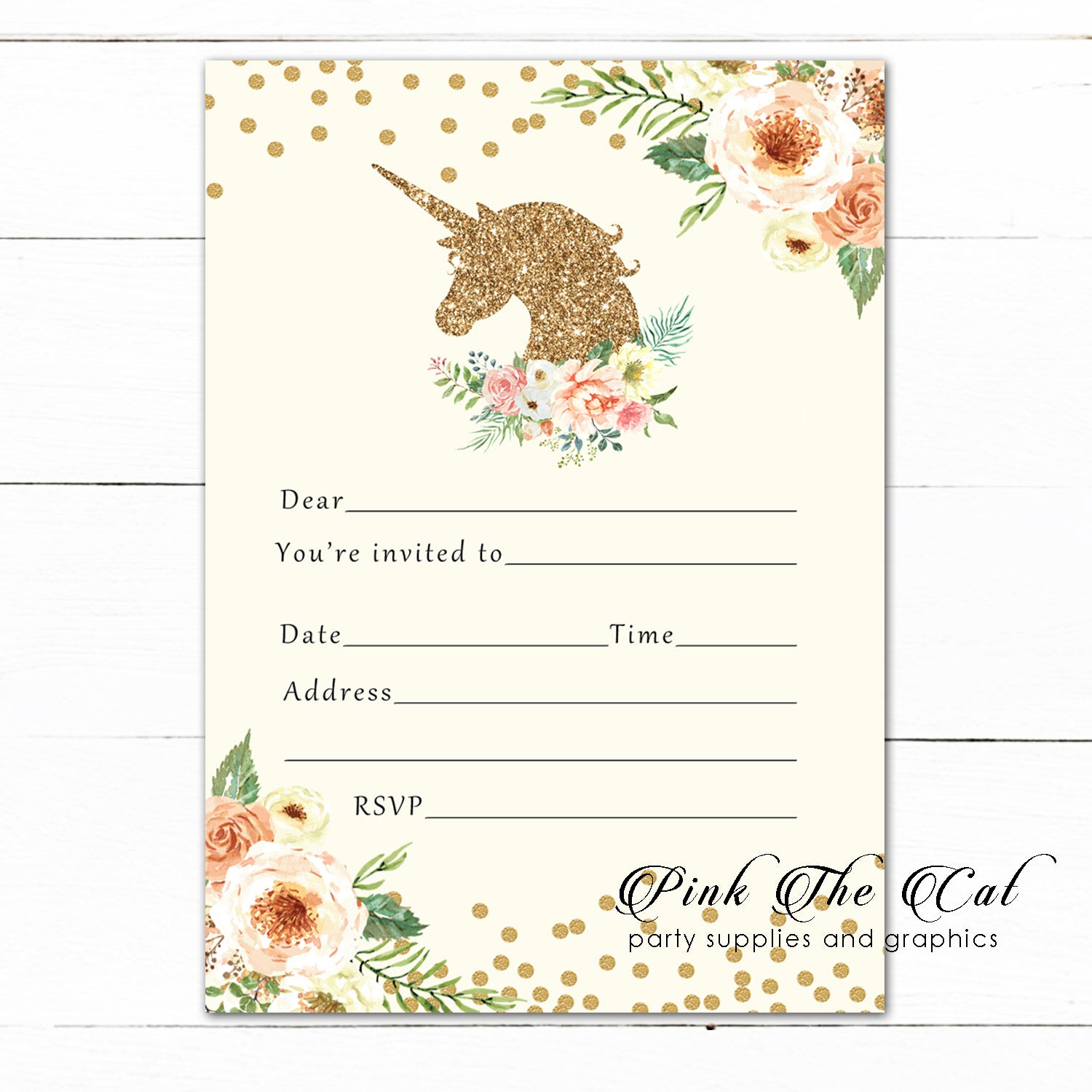 Unicorn Invitation Fill In Blank Peach Gold Birthday Printable ...