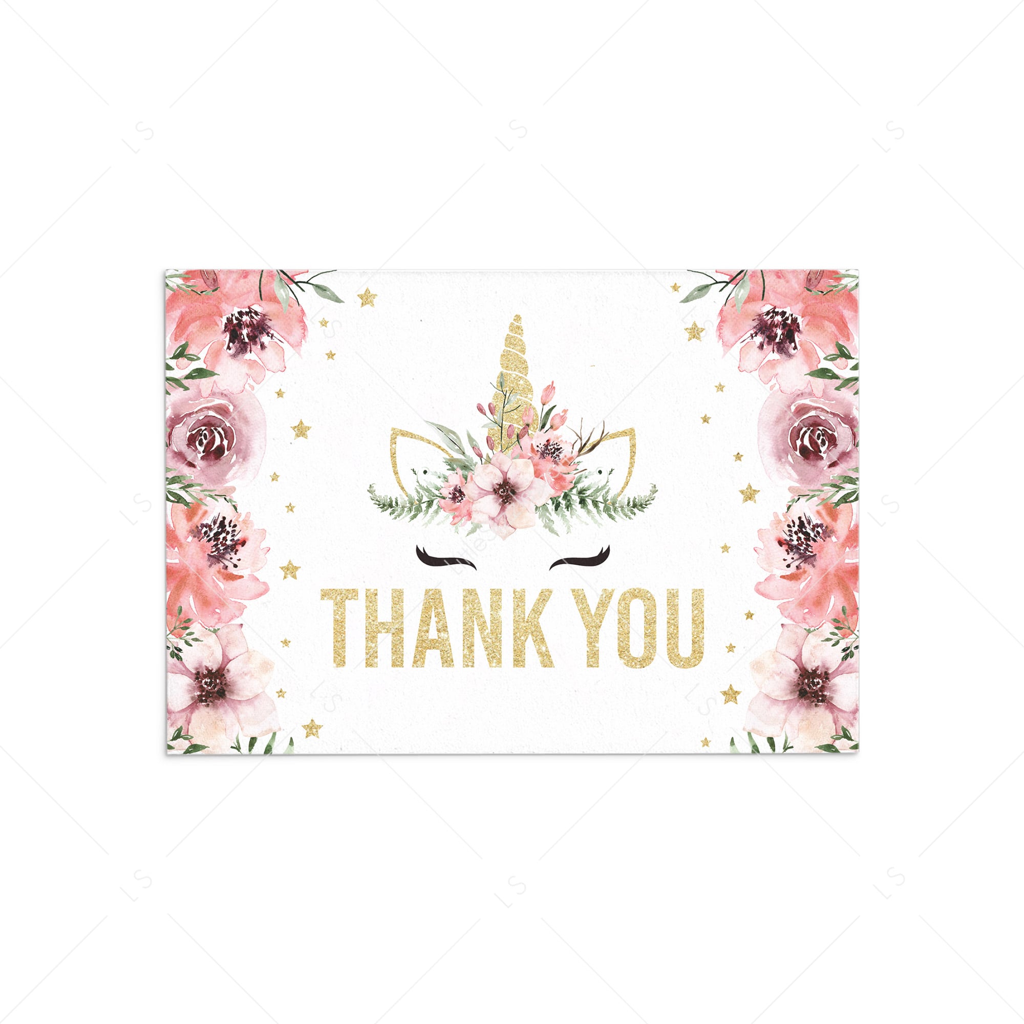 Printable Unicorn thank you note cards with pink flowers | Instant download