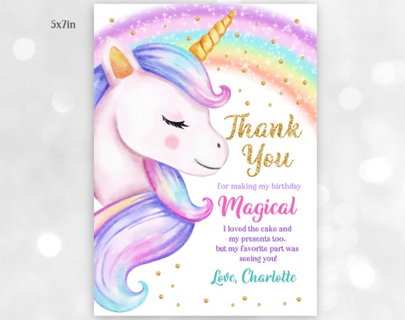 Unicorn Birthday Thank You Card Rainbow Party Thank You Note Gold ...