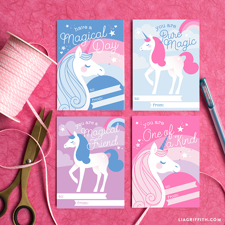 Download a print a set of enchanting unicorn Valentines