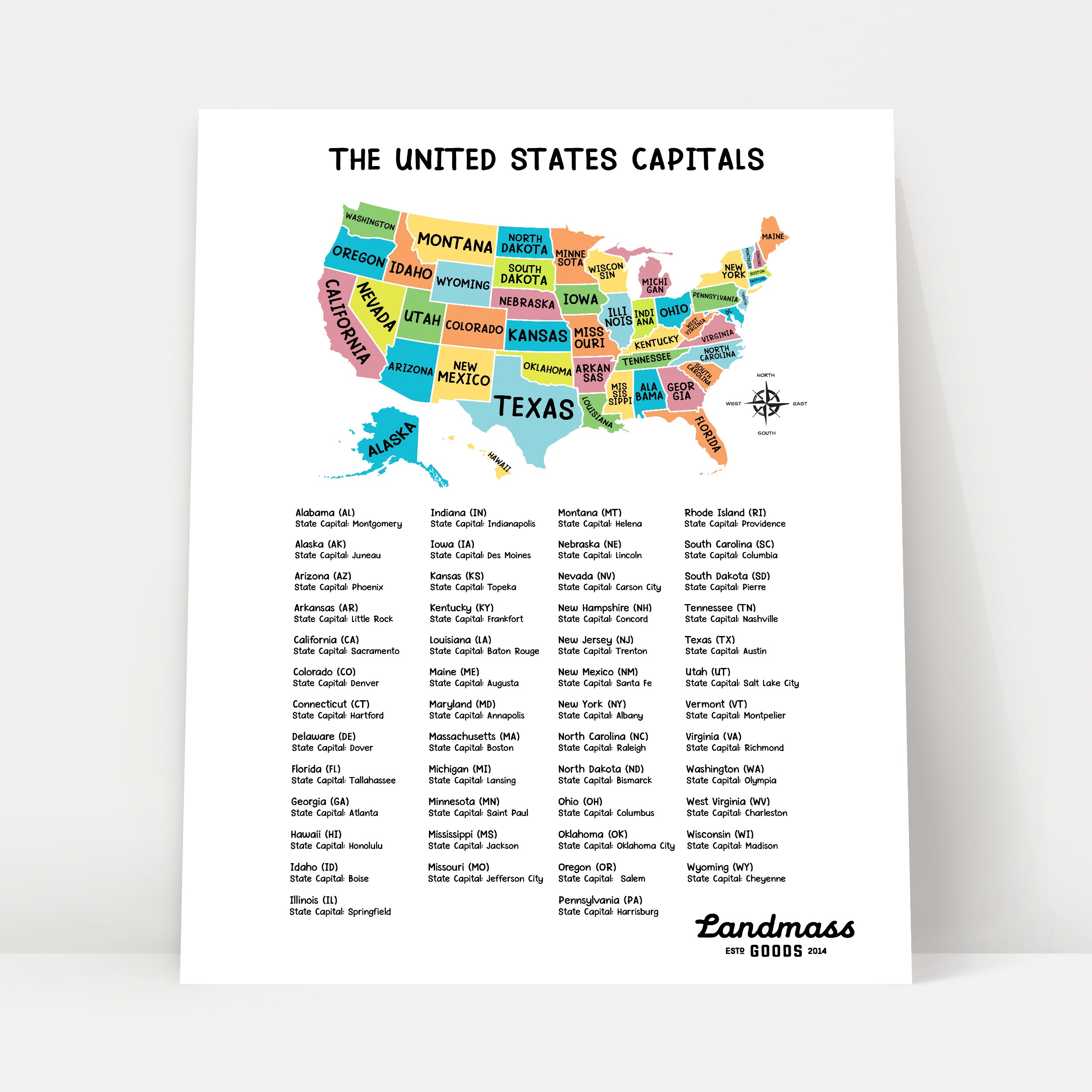 18x24 United States Map Of America For Kids State Capitals 