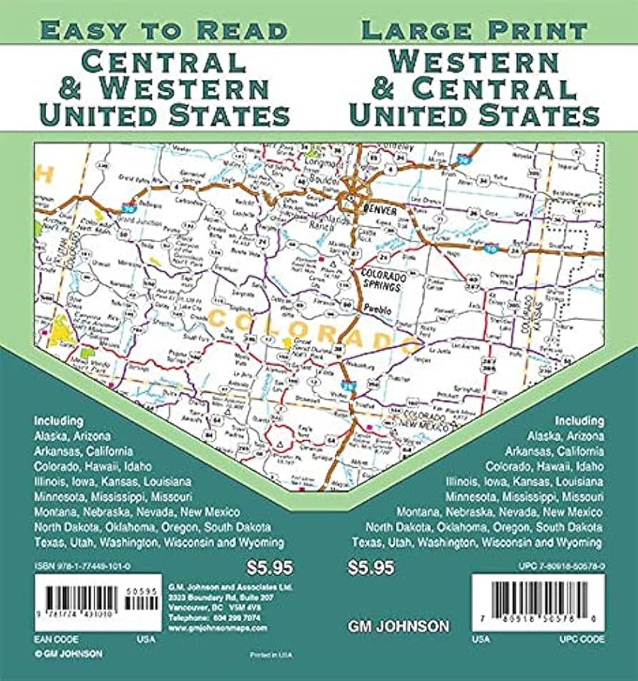 Central &  Western United States / Large Print Map : GM Johnson ...