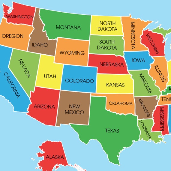US Travel Map Wall Art Print, Colorful Usa Map, Large USA Map, 50