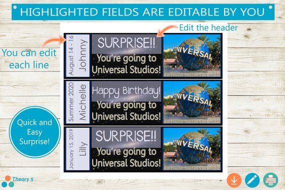 Universal Studios Surprise Trip Reveal Tickets // Adobe Editable ...