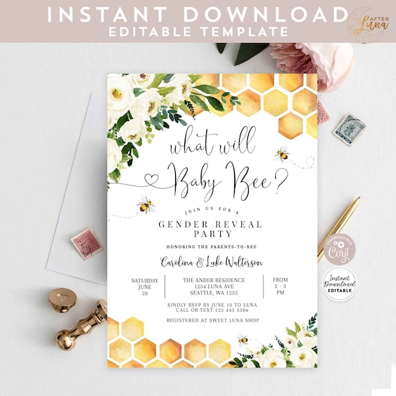 Editable What Will Baby Bee Gender Reveal Party Baby Bee ...