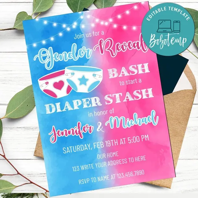 Bash diaper stash Gender Reveal Invitation Printable DIY | Bobotemp