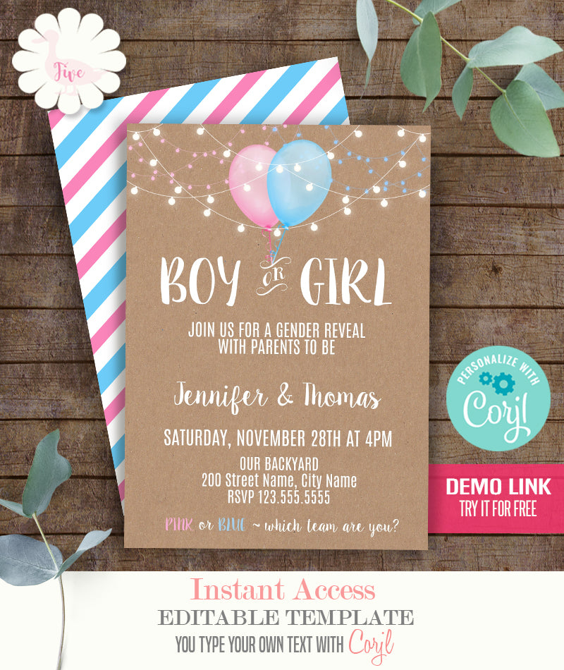 Gender Reveal Invitation, Blue or Pink balloons printable editable  template, A311
