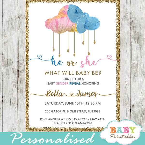 Cloud Rain Drops Gender Reveal Invitations - D375 - Baby Printables