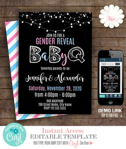 Gender Reveal BaByQ, printable invitation, editable template ...