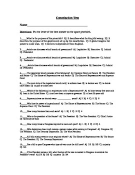 US Constitution Test and Answer Key by Joe History | TPT