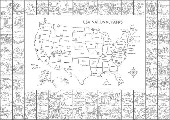 National Park Printable Map With Checklist, Black and White US Map ...