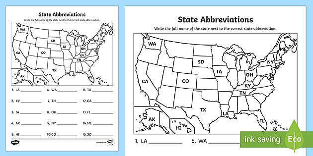United States Abbreviations Map Activity for 3rd-5th Grade