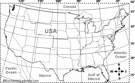 printable us map with longitude and latitude lines