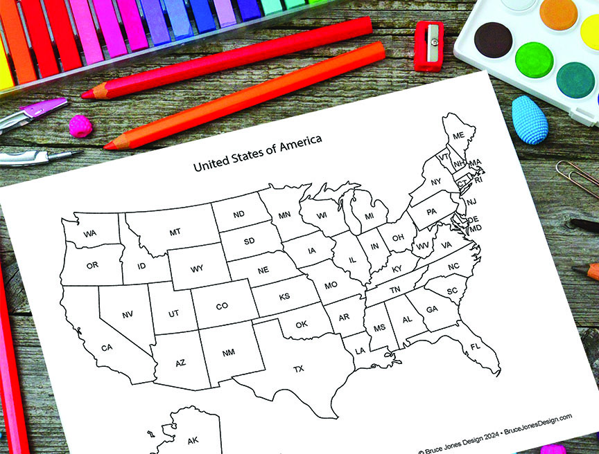 USA 50 State BW, Printable PDF Outline Map, Includes States, Names ...