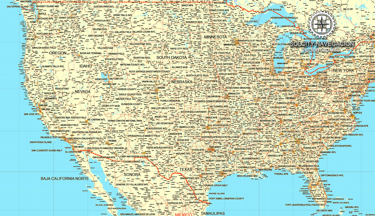 United States + Canada printable vector Counrty Road map 01 02 GPS ...