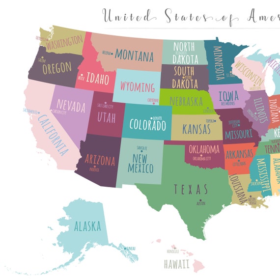 US Map Capitals Wall Art, PRINTABLE United States Map Print, Usa ...