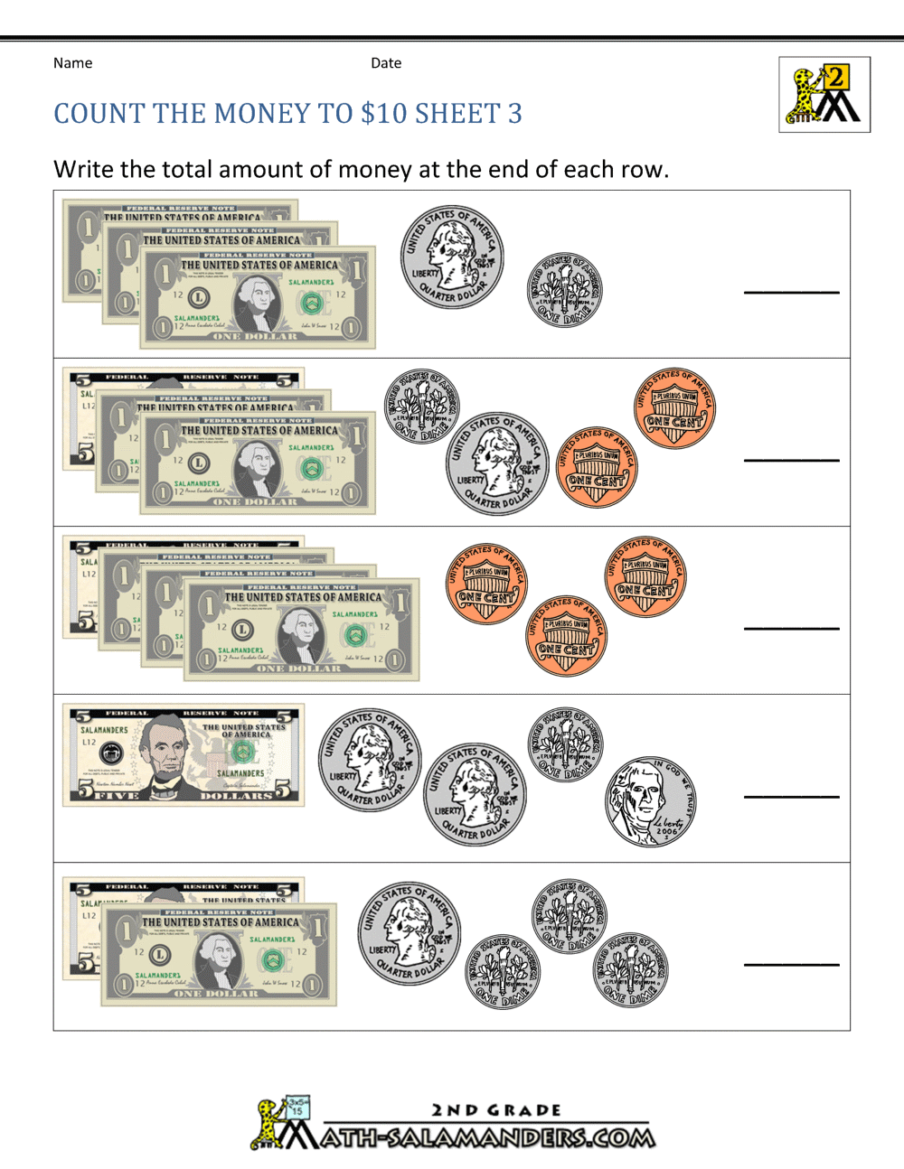 Printable Money Worksheets to $10