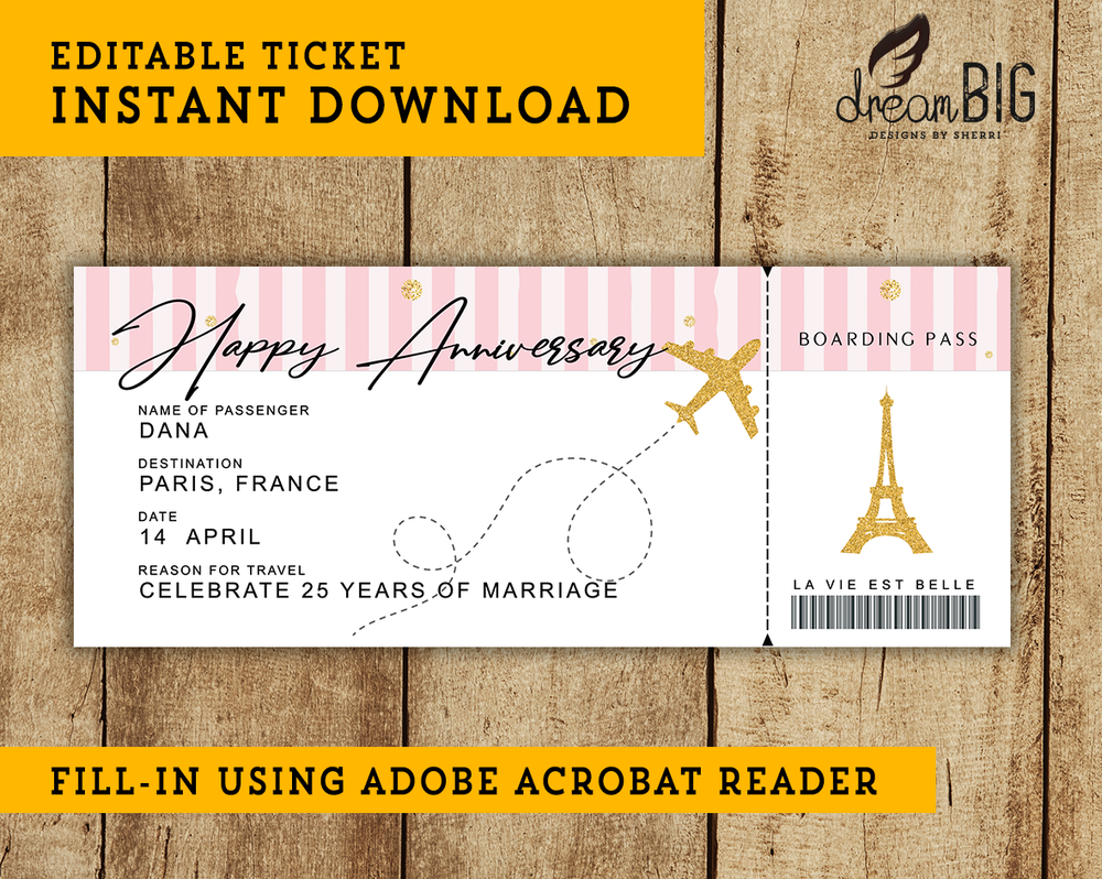 Paris Vacation Happy Anniversary Plane Ticket Printable Boarding ...