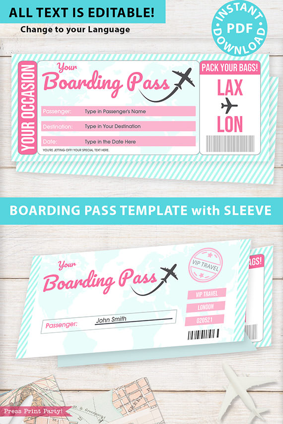 Boarding Pass Template w. Holder, Pink/Green Stripes - Press Print ...