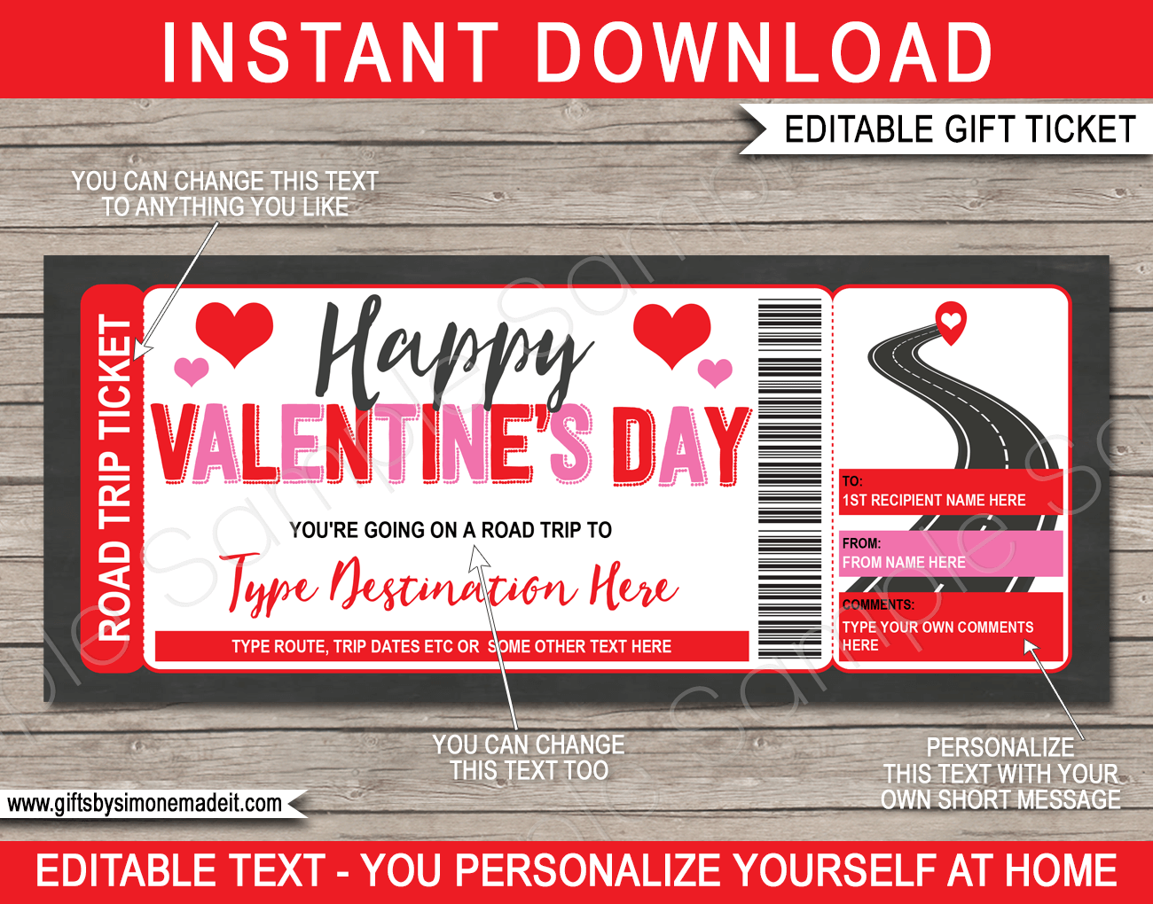 Surprise Valentines Road Trip Reveal Ticket Template | Vacation Gift