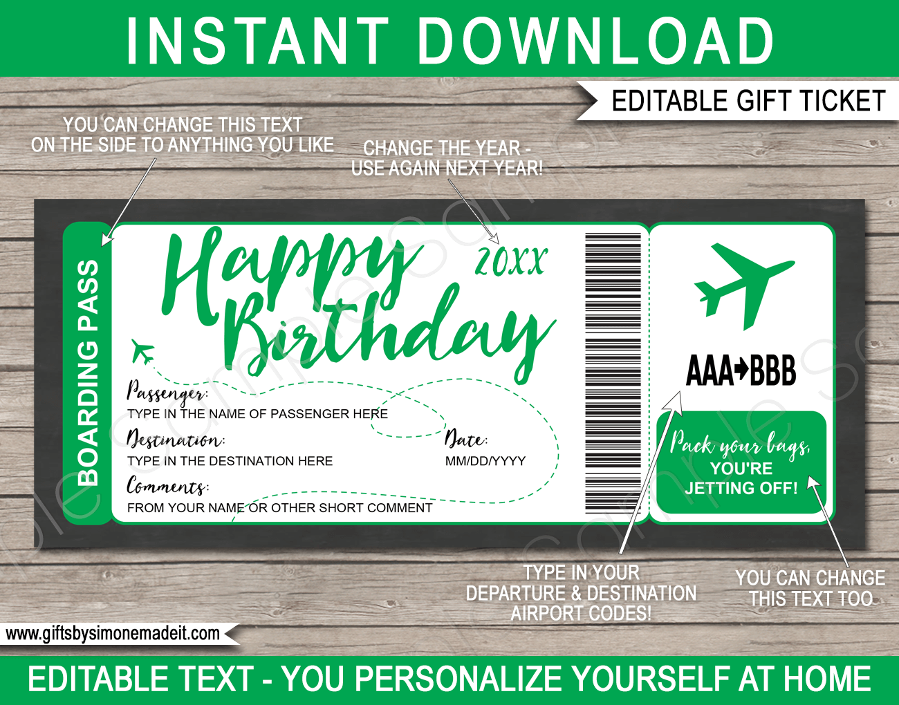 Birthday Surprise Trip Boarding Pass Gift Template | Fake Plane Ticket
