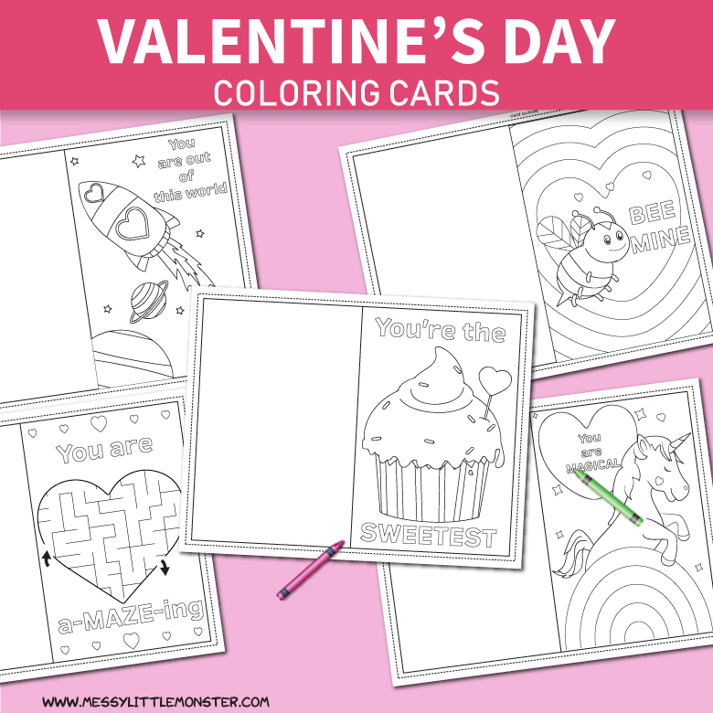 Printable Coloring Valentines Day Cards - Messy Little Monster