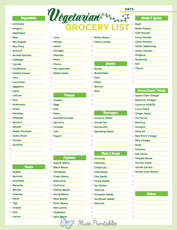 Printable Vegetarian Grocery List Template